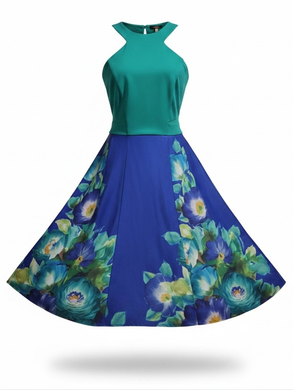 Miss Kim Midi Halter Dress Sz M Green Blue Floral Fit & Flare Prom Party Wedding